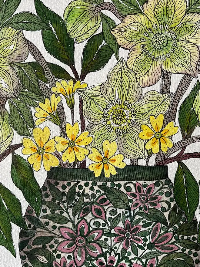 'Hellebore Flowers & Primroses' Watercolour Painting