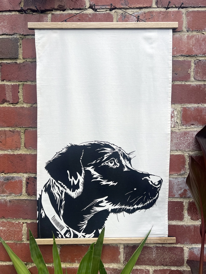 Full image of Labrador dog tea towel with the labradors head printed in the bottom half