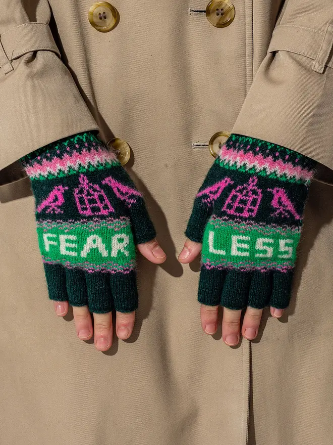 fearless fairisle mittens in forest green with bubblegum and kelly green detailing