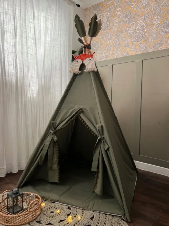 Personalised Kids’ Olive Teepee. An olive teepee in a bedroom.