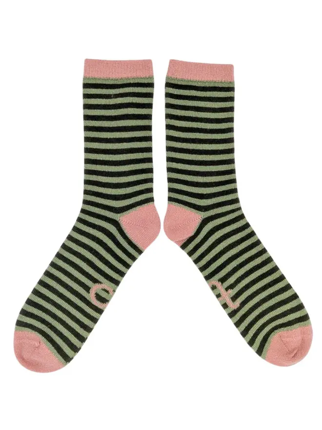Men's Organic Cotten Striped Ankle Socks, a pair of colourful patterned socks sitting on a plain white surface. 