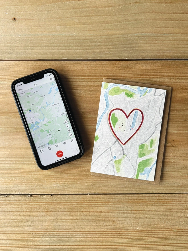 Love Heart Strava Art Running Card with Strava App opened 