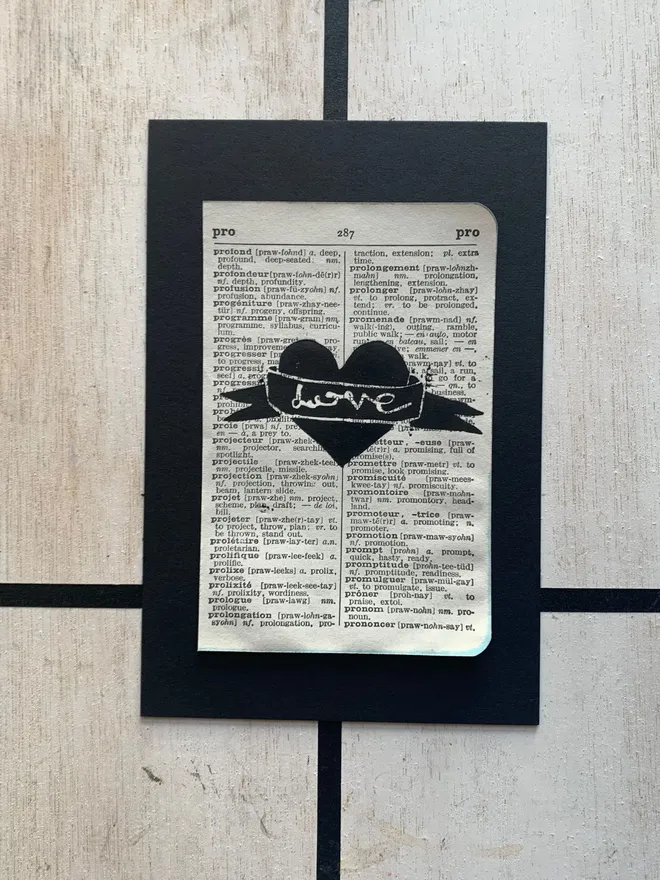 love heart mini lino print vintage french dictionary