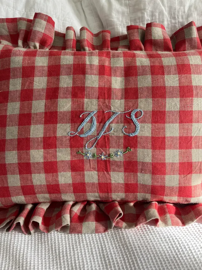 Personalised Handmade Embroidered Linen Cushion With Ruffle, pink/ orange check cushion with a personalised message. 
