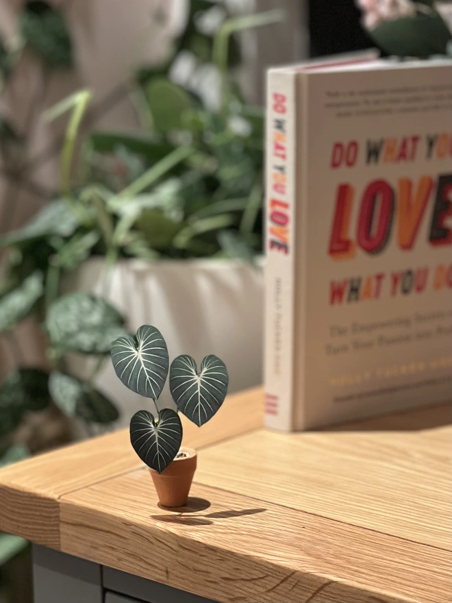 A miniature replica Philodendron Gloriosum paper plant ornament in a terracotta pot sat on a desk with a book and some real plants in the background