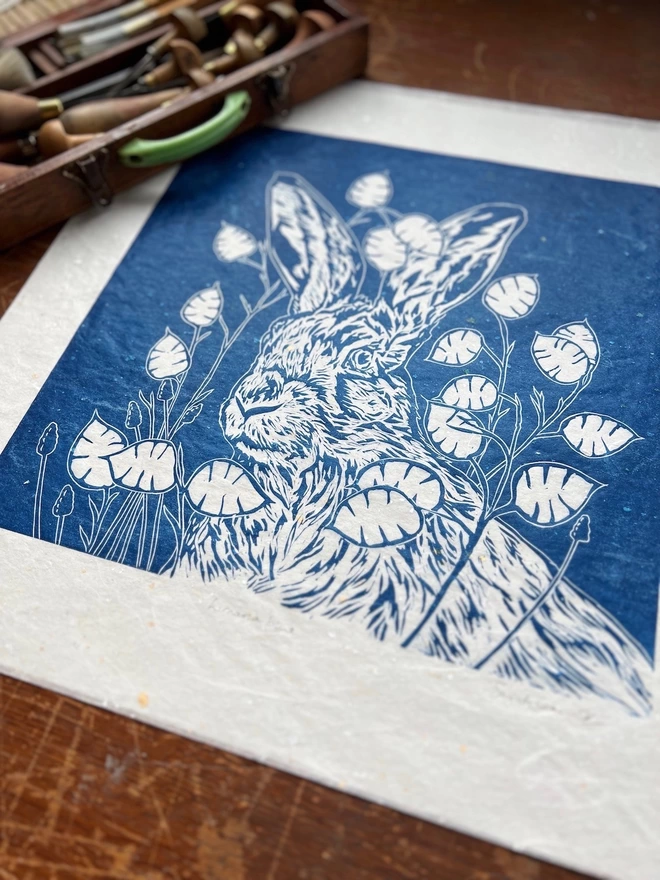 lunaria honesty petals hare head linocut