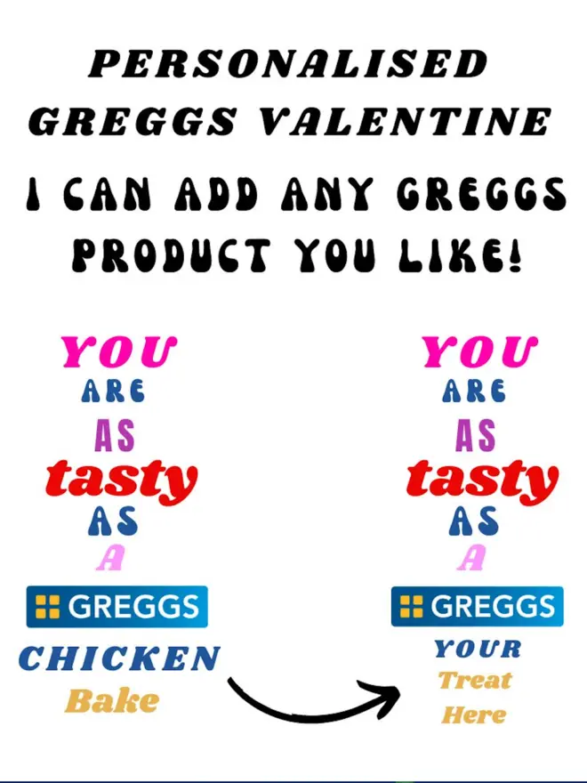 Image of a card that says you are as tasty as a Greggs your treat here to show you how to personalise your card