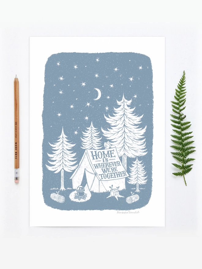 grey and white woodland camping print with home is wherever we're together on tent with ferns and pencil