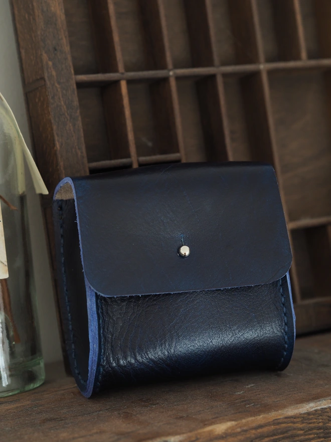Leather Playing Card and Die Holder. Handmade with dyed dark blue leather.