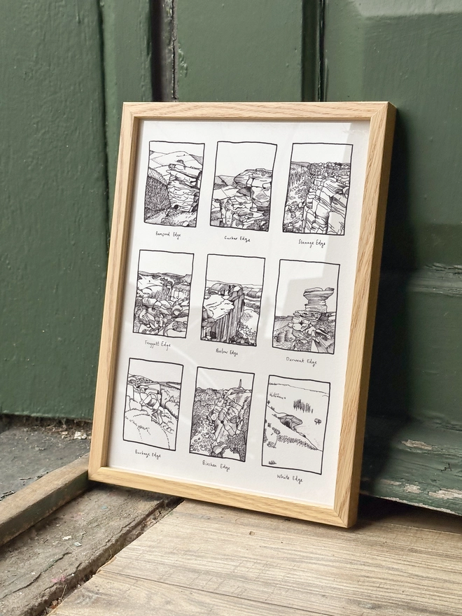 line drawn illustrations of nine edges of the peak district arranged as a print in a tile formation