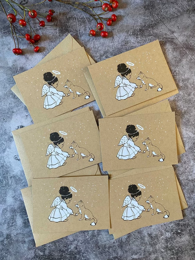 6 Christmas postcards and Kraft envelopes featuring a vintage style angel and fox