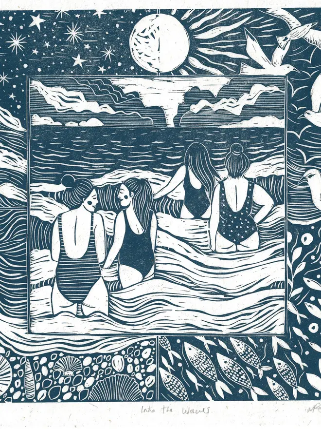 Into The Waves Linoprint