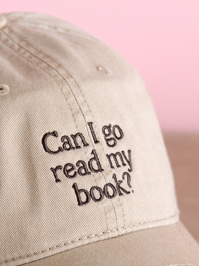 'Can I Go Read My Book?' Cotton Baseball Cap beige - close up