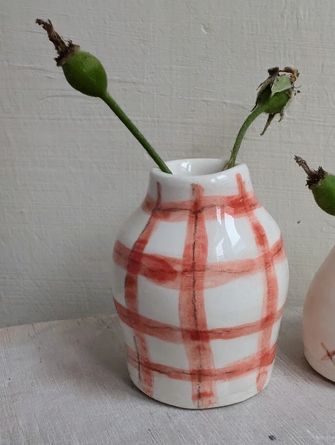 3 tiny vases in a row including Miniature robin vase with whistled musical notes hand painted mistletoe or red check  