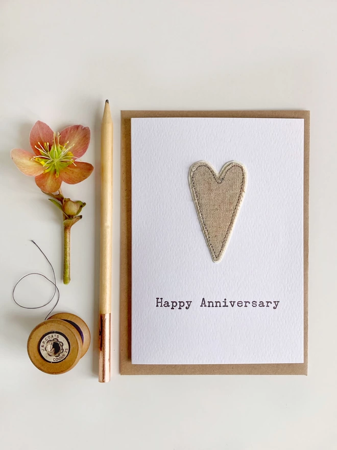 Embroidered linen heart letterpress anniversary card