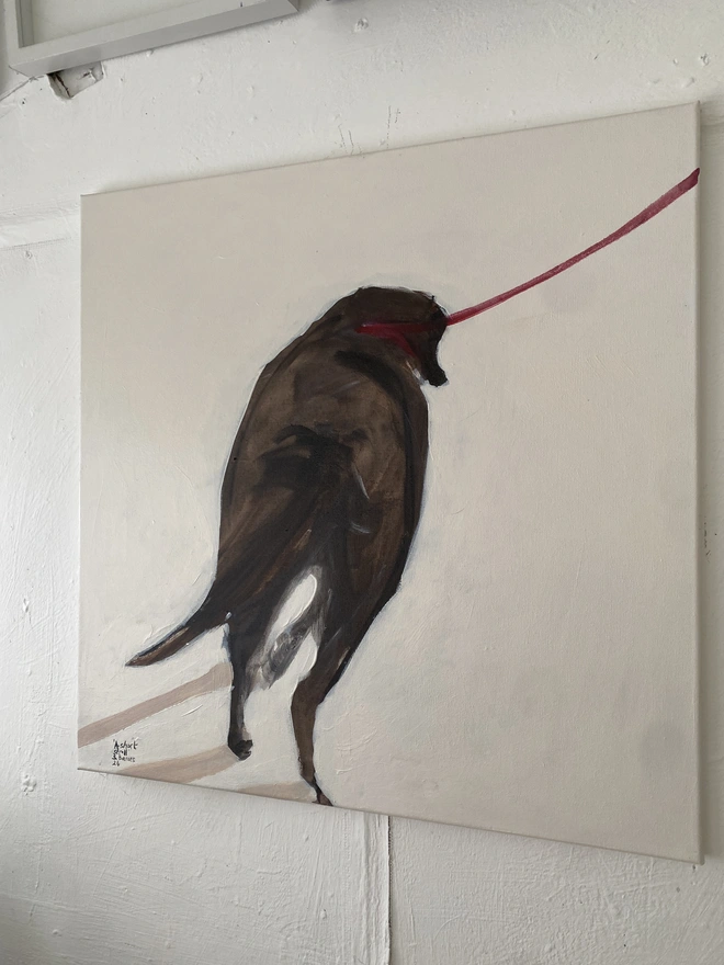"Original chocolate brown Labrador dog portrait painting titled 'A Short Stroll' by Samantha Barnes."