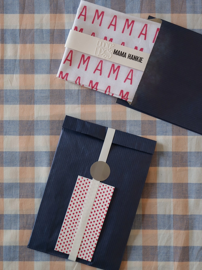 Optional gift wrap comprising navy paper, ribbon and patterned gift card