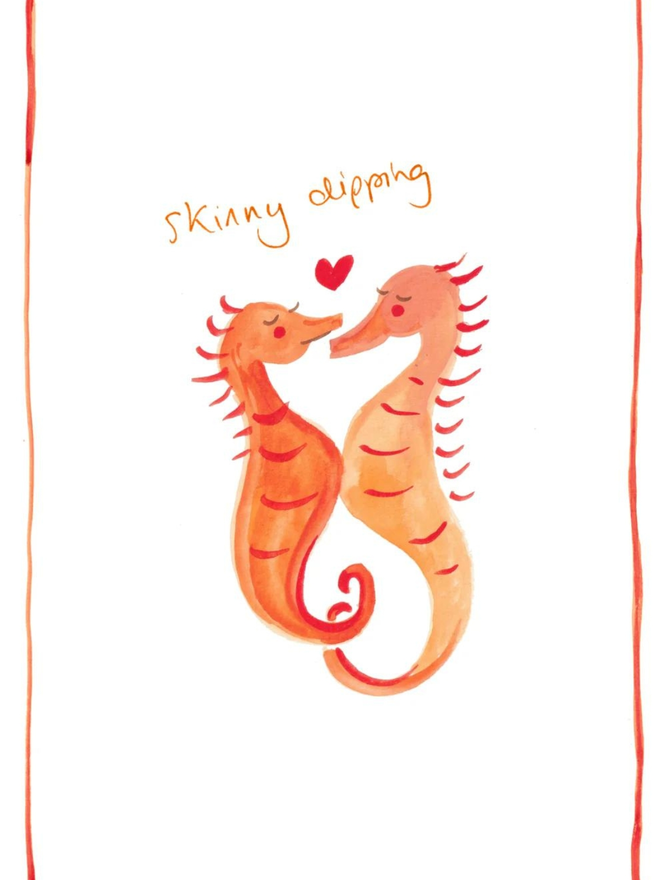 skinny dipping orange seahorse couple print linen tea towel