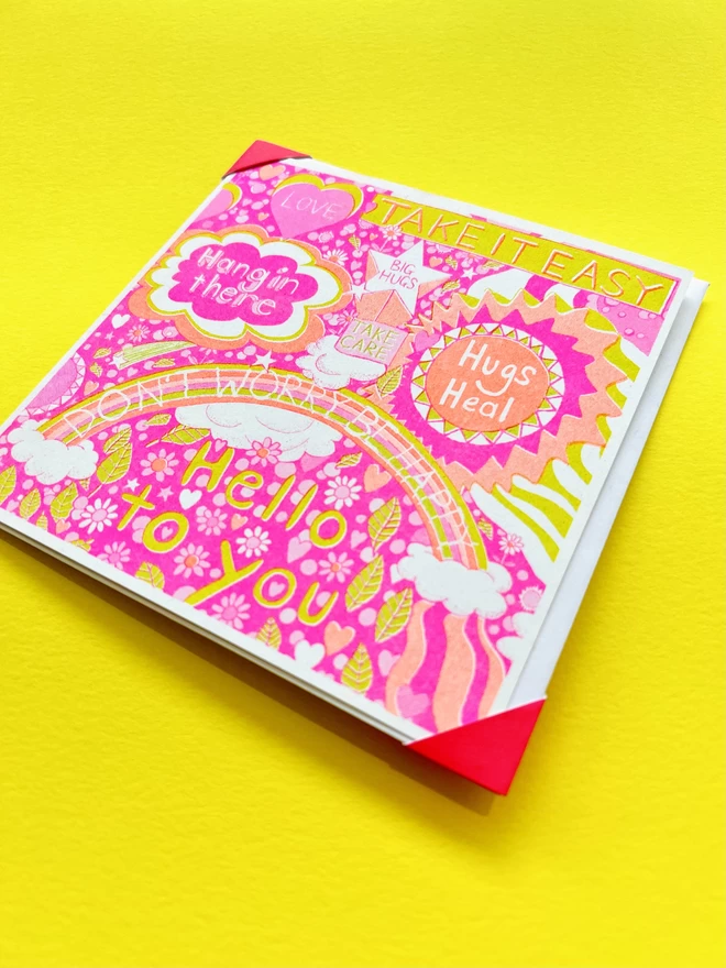 Take it Easy is a bright & detailed riso printed get well soon card full of messages of positivity