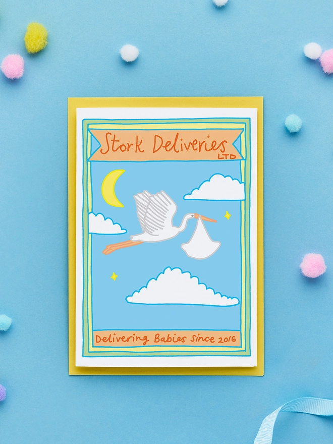 Cute New Baby Card Featuring a Stork In Flight