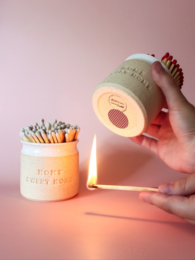 ‘Home Sweet Home’ Ceramic Match Pot With Strike Pad