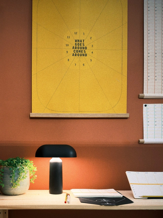 Framed Golden yellow Perpetual Dial on terracotta wall, above shelf with lamp and plant