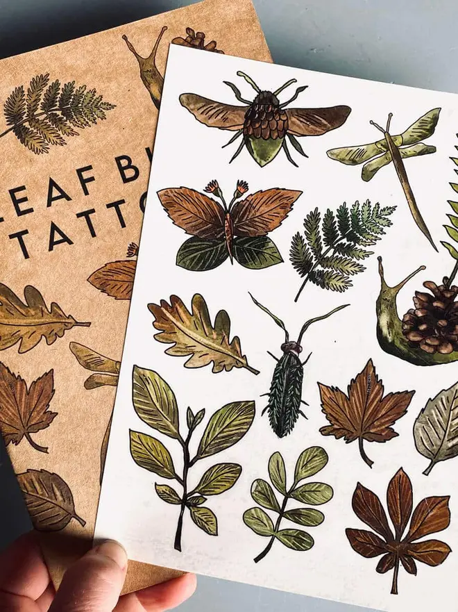 Nature Botanical Temporary Tattoos,  a brown kraft paper booklet titled " LEAF BUGS TATTOOS" featuring various colourful illustrations. 