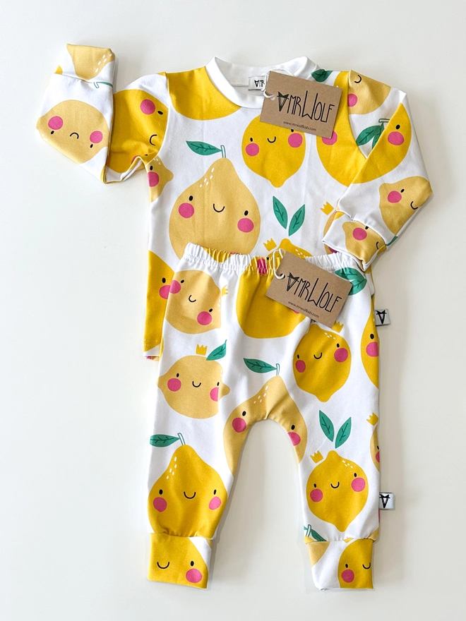 smiley lemons print leggings, t-shirt, shorties for babies, toddlers, kids