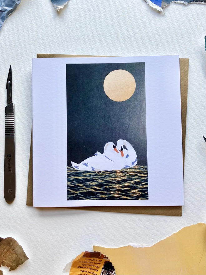moonlight swan card with collage materials