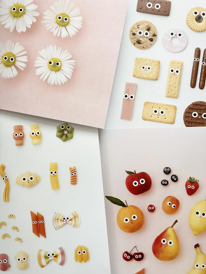 A selection of A3 prints of food with faces
