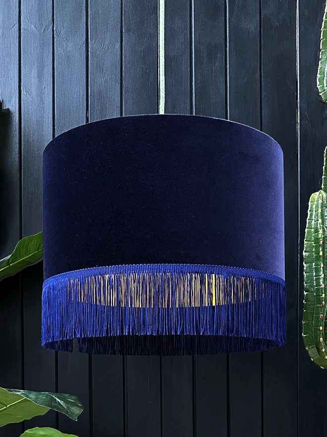 Indigo Blue Velvet Lampshade With Gold Lining & Fringing. 