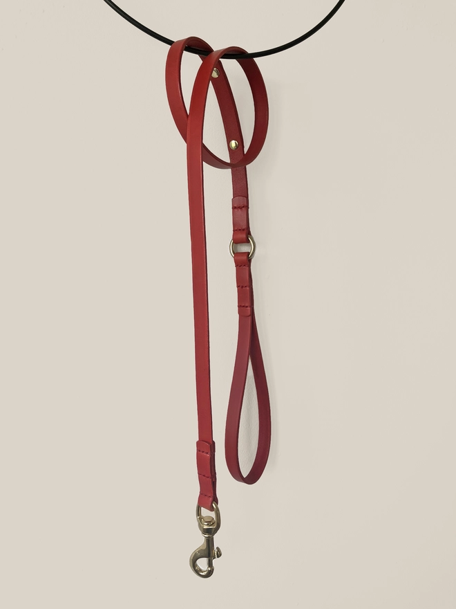 red leather dog lead hung up on hook