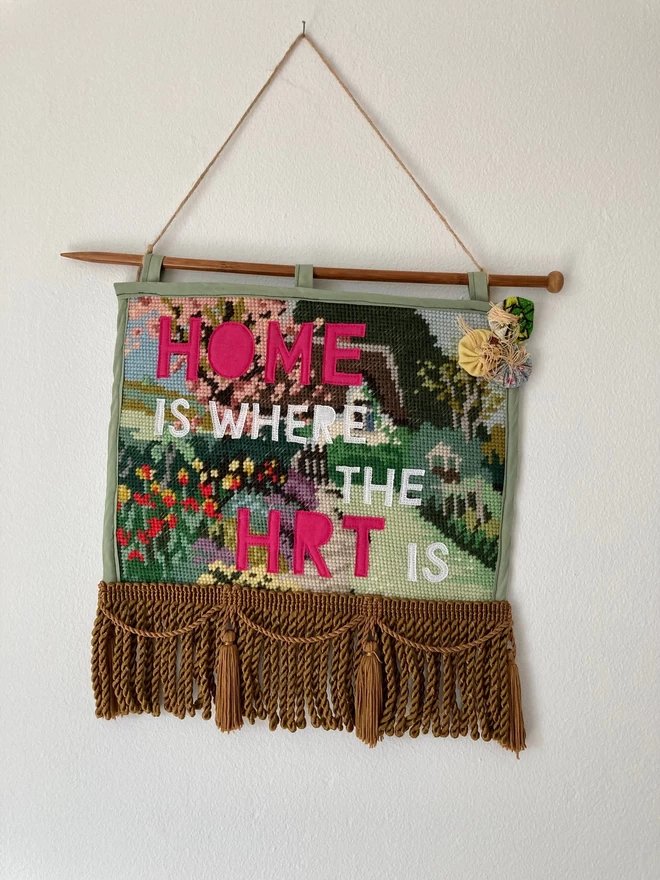 Hanging small vintage tapestry 'Home is where the HRT is' pennant