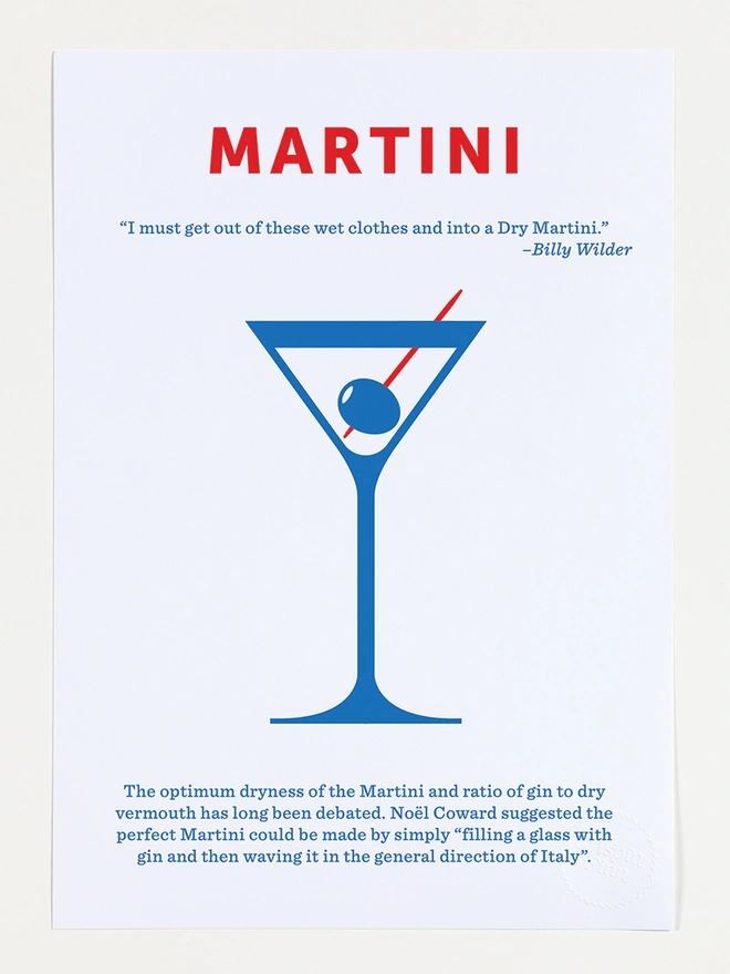 martini screen print in blue and red