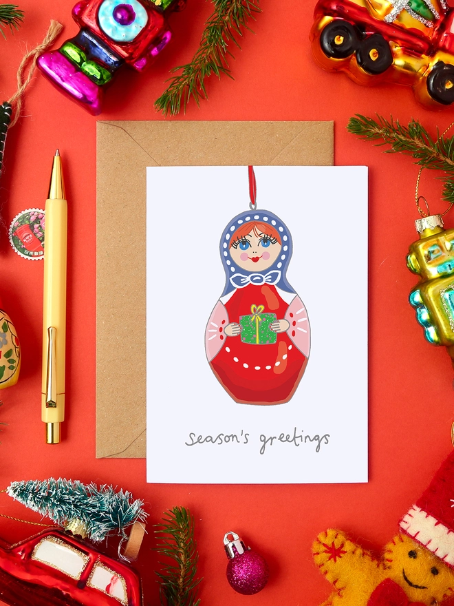 Festive Christmas Card Featuring a Matryoshka Tree Decoration