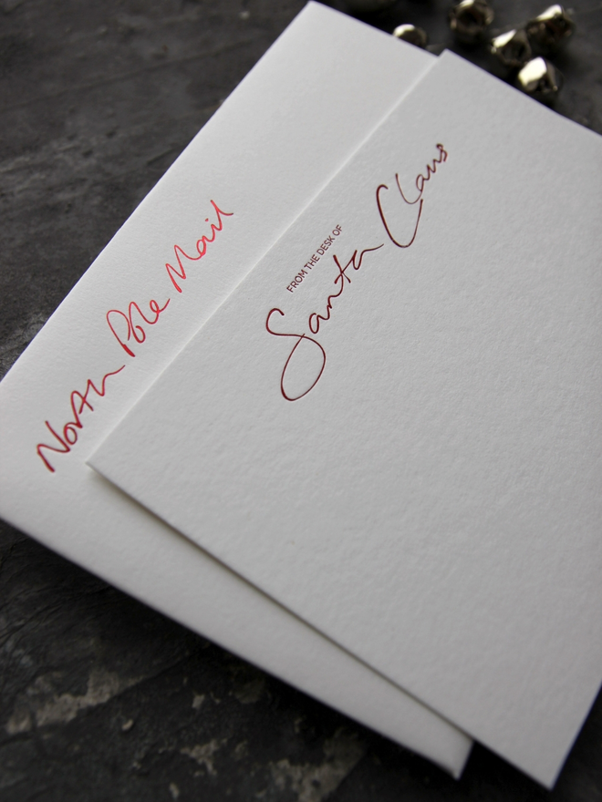 From The Desk Of Santa Claus notecards hand foiled in red text with an envelope that says North Pole Mail