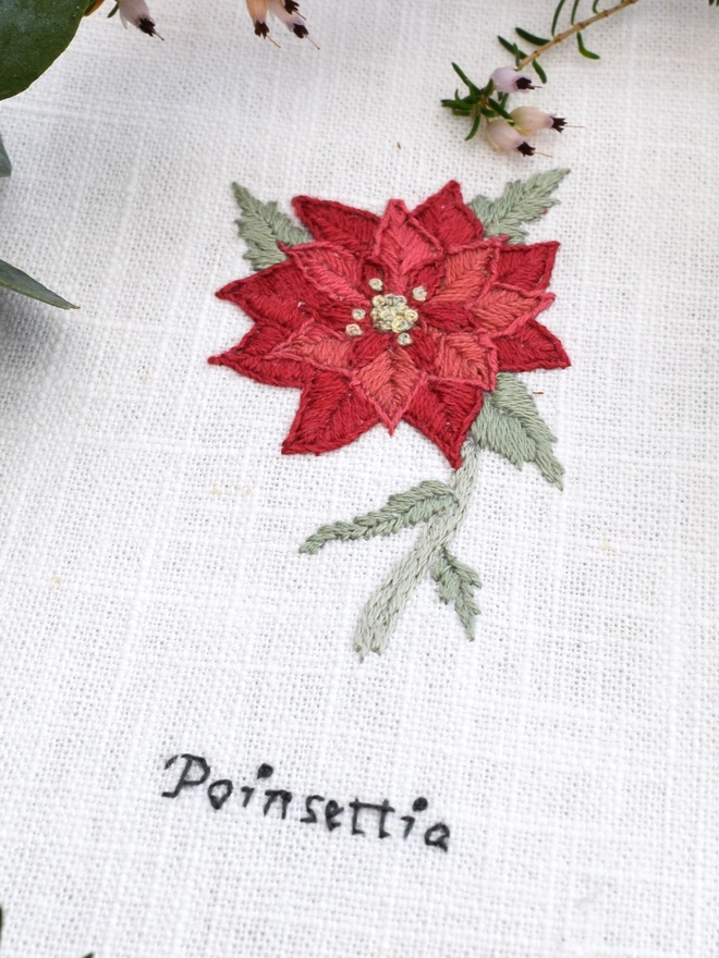 Floral Botanical embroidery kit of Poinsettia or Euphorbia Pulcherrima a symbol for December.  Meaning The winter rose, Good cheer, Merriment, Success and Celebration.