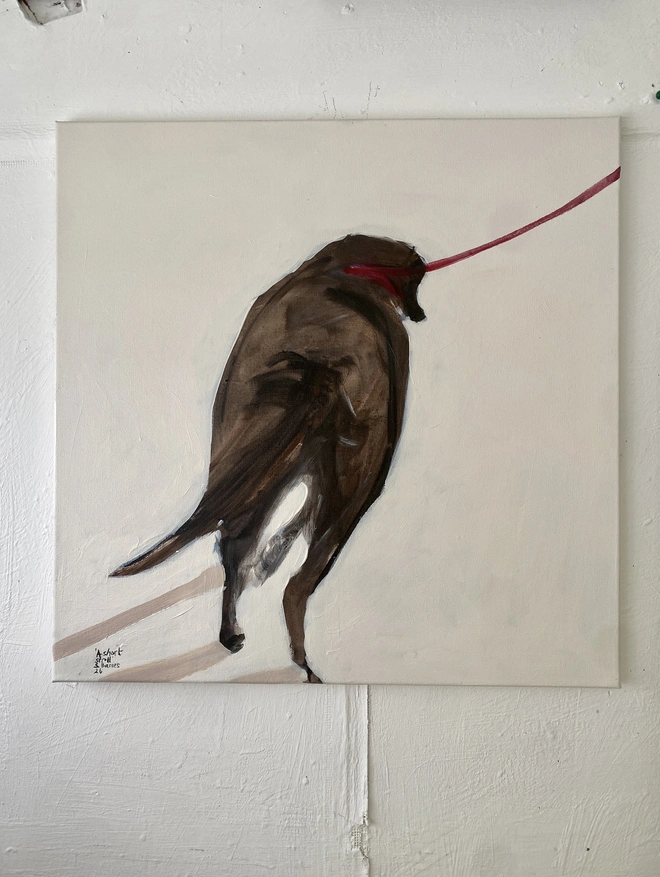 "Original chocolate brown Labrador dog portrait painting titled 'A Short Stroll' by Samantha Barnes."