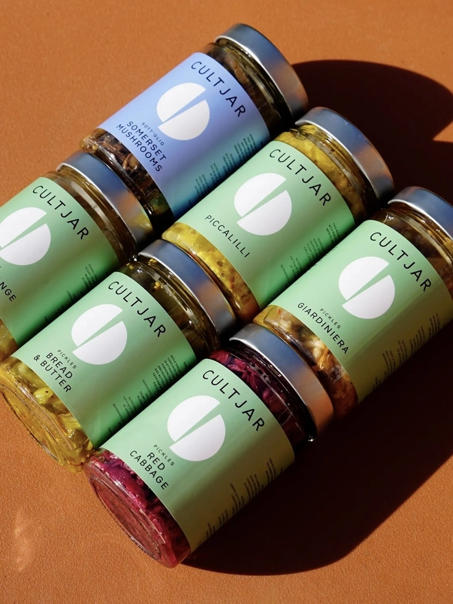 The Ultimate Ferment & Pickle Collection (Set Of 7), a set of jars sitting on an orange backdrop. 