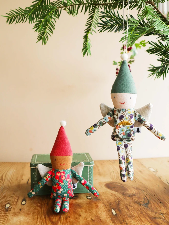 Handmade fariy christmas tree ornament with green or red linen hat, Liberty print outfit and linen wings.