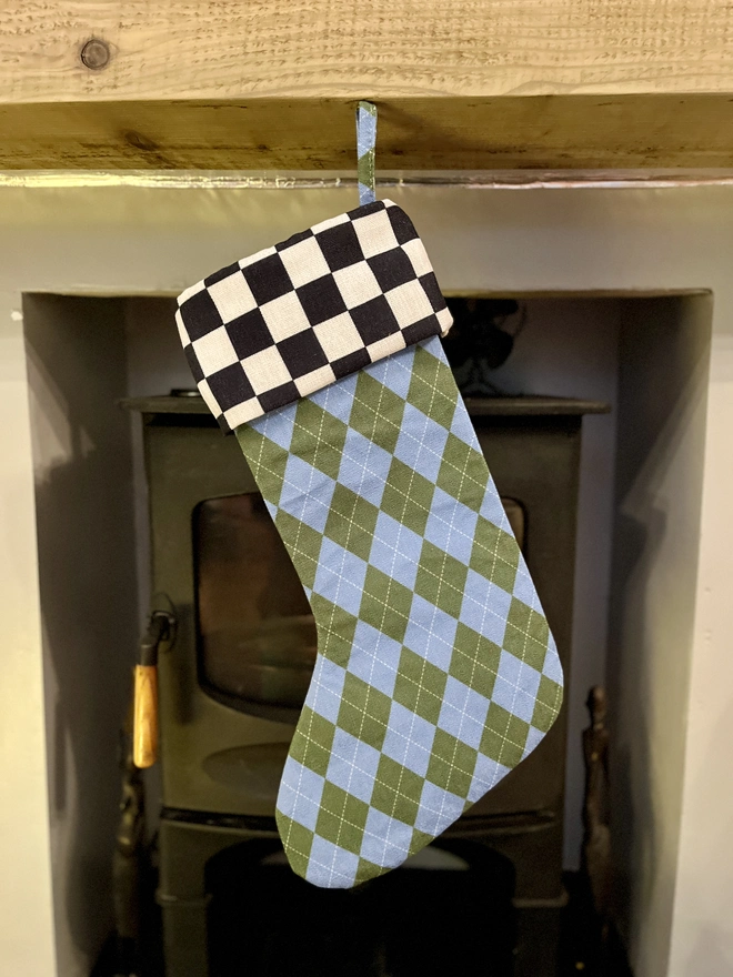 Blue and Green Argyle with Black and White Checkerboard Cuff 