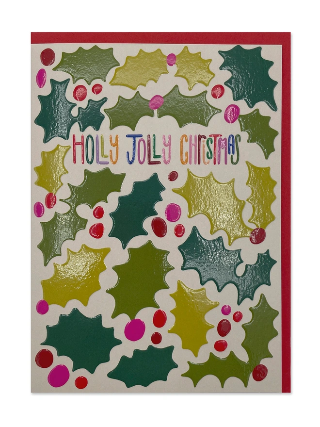 Bright, Colourful & Joyful Holly Pattern Christmas Card ‘Holly Jolly Christmas' | Raspberry Blossom