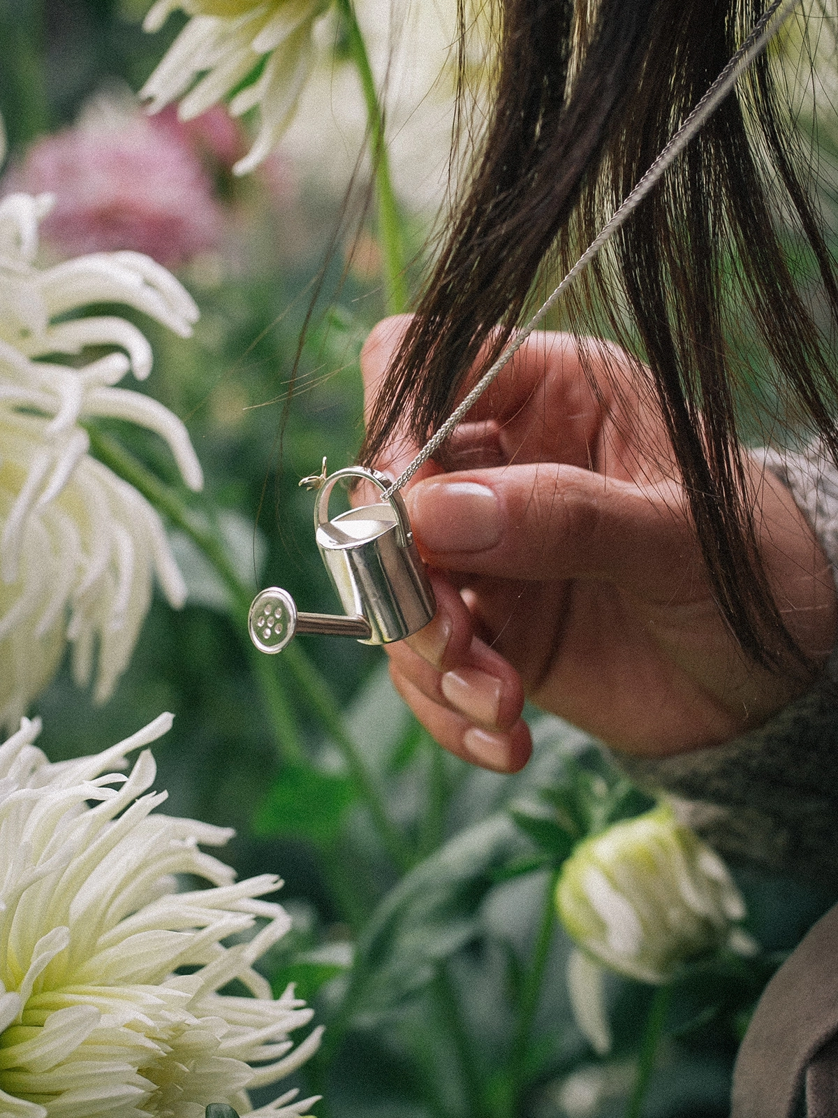 Silver Waterfall Watering Can Necklace