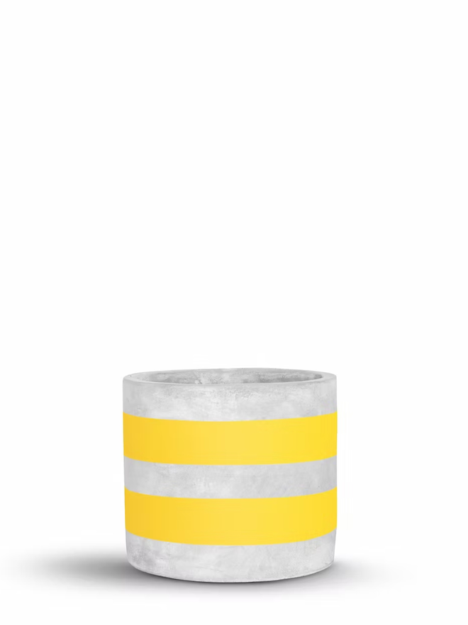 two stripes concrete plant pot. a grey plant pot with yellow painted stripes.