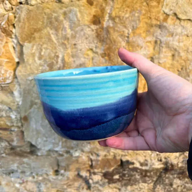 Landscape Small Bowl, a colourful bowl held against a brick backdrop. 
