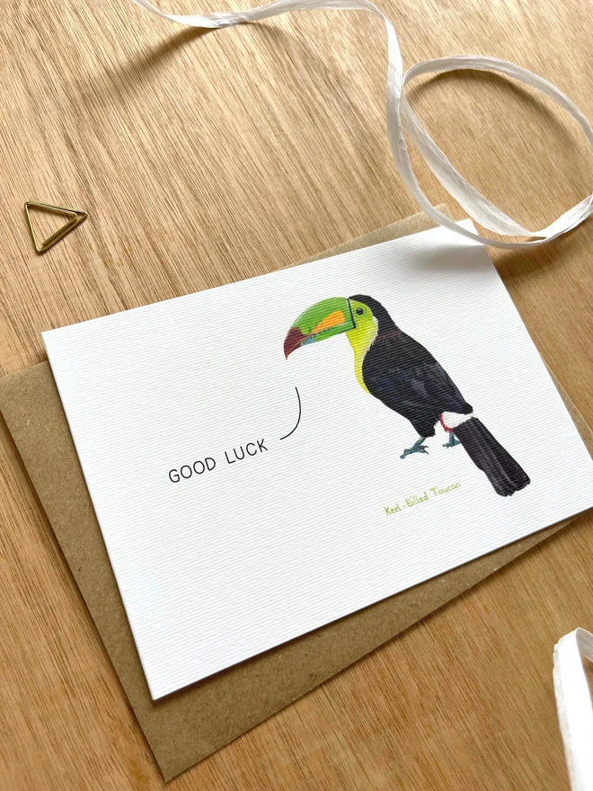 a greetings card featuring an illustration of a toucan with the text “good luck”