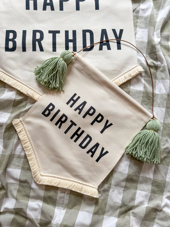Small Handmade Fabric Happy Birthday Banner with a choice of colour tassels and trims