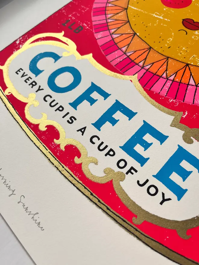 Sun Coffee Tin Good Morning Sunshine, a colourful coffee tin design on a white screenprint. 