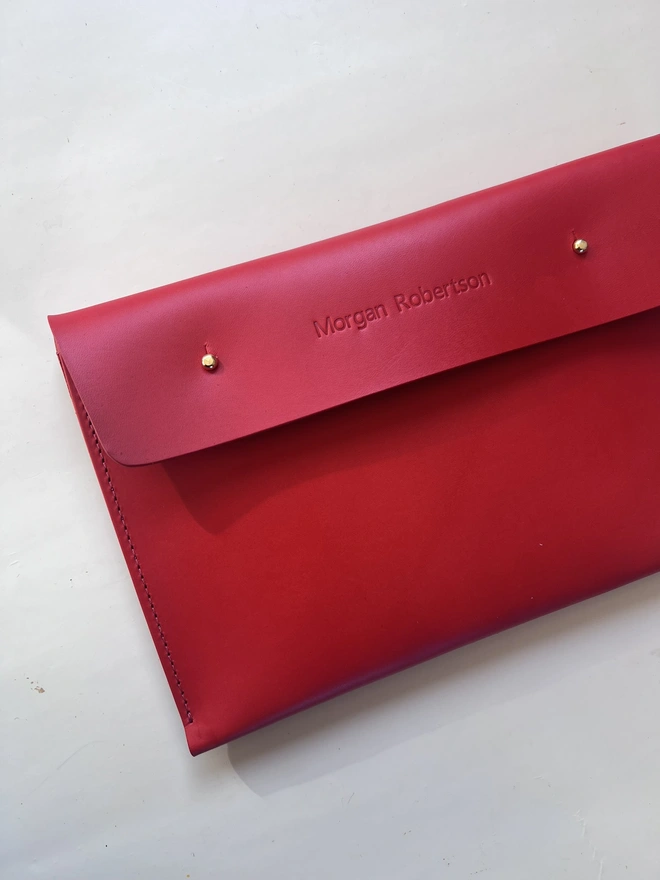 red personalised leather document case 