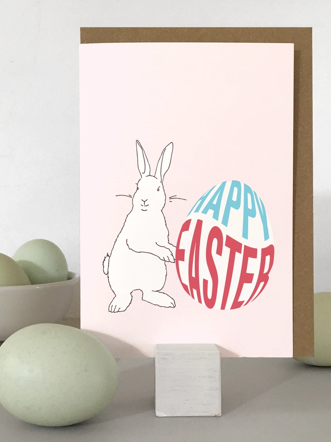 White Bunny Easter Card, Pale Pink Background